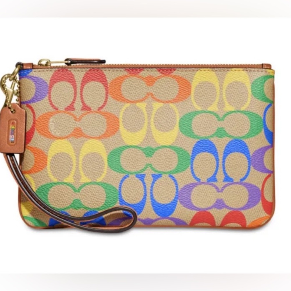 NWOT Coach Wristlet Brass/Tan Natural Multi Rainbow Signature Canvas/leather - Picture 13 of 13